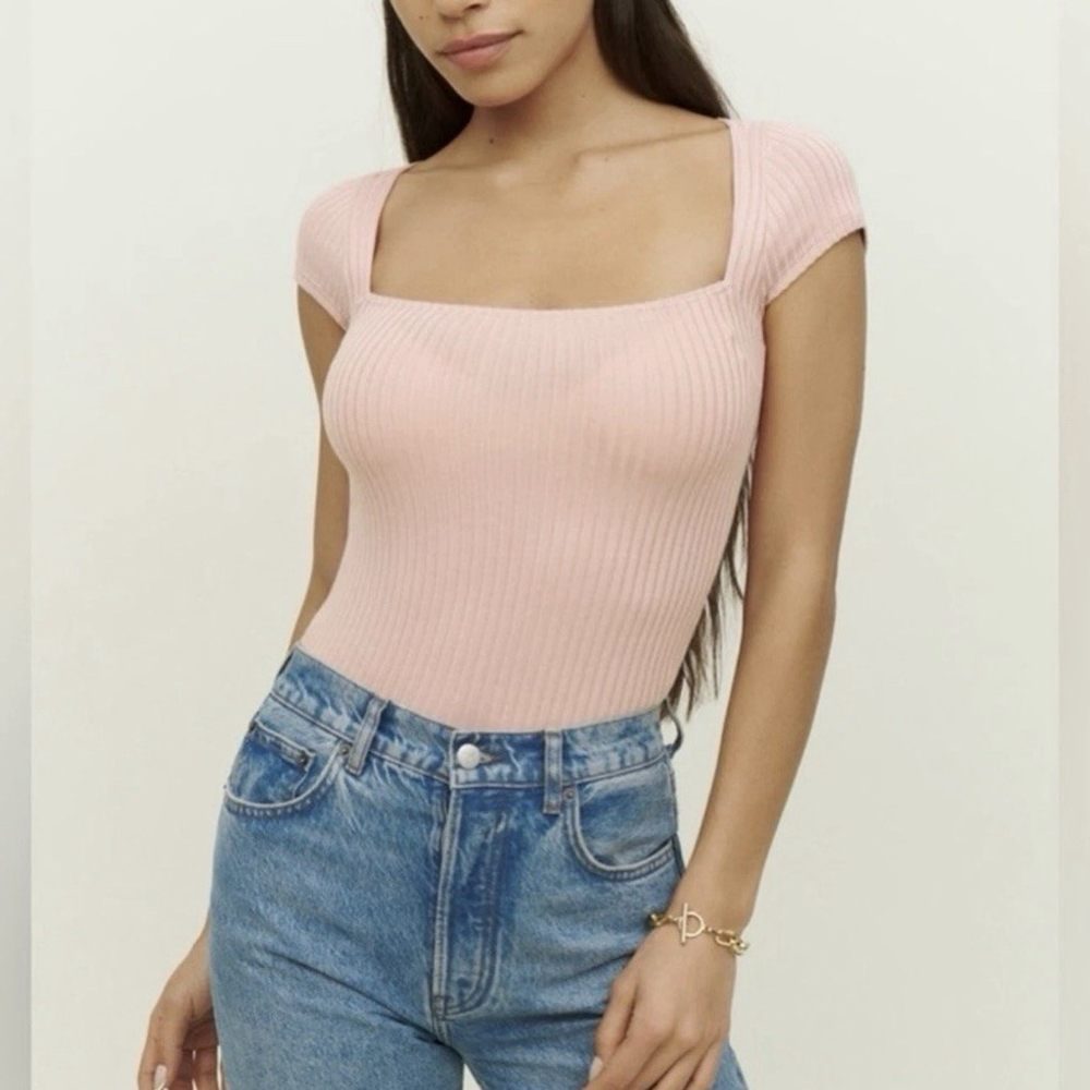 Reformation Blush Pink Ribbed Square Neck Short Sleeve Tee